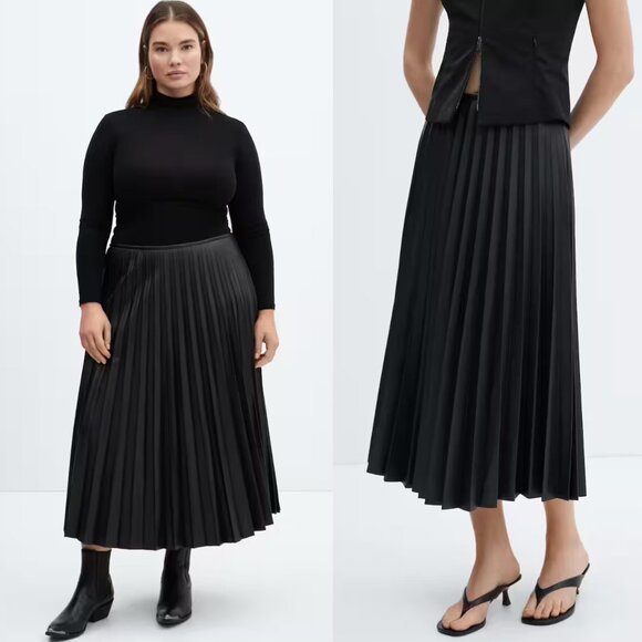 NWT Mango Black Leather-Effect Pleated Midi Skirt High Waist Vegan Leather XL - Picture 1 of 5